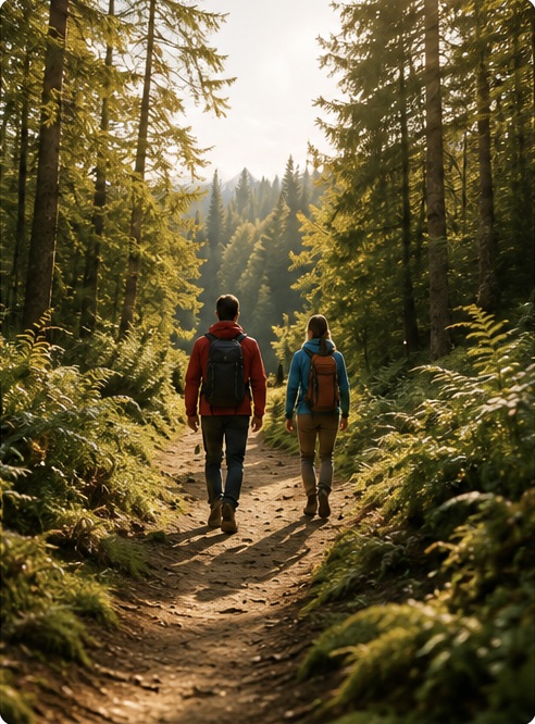 Zwei Jugendliche wandern gemeinsam auf einem Waldpfad in Osttirol