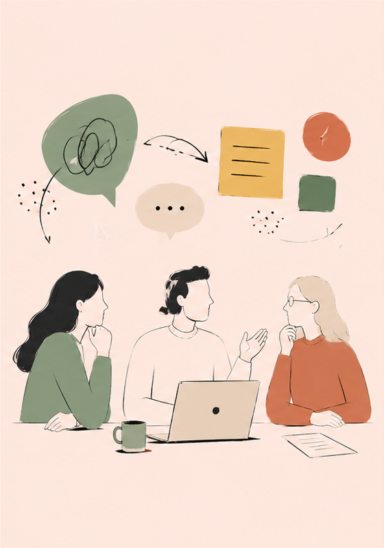 Illustration: drei Personen im Gespräch bei einem Austausch